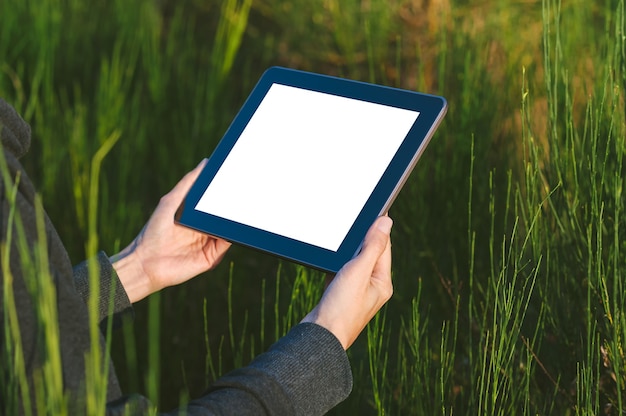 A girl in a gray sweater holds a tablet mockup in her hands. against the backdrop of beautiful nature.