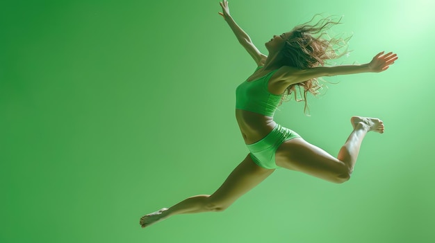 Photo a girl in a green bikini is jumping in the air