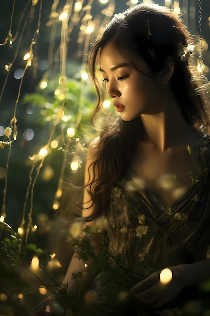 a girl in a green dress looks at the light