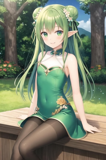 A girl in a green dress sits on a bench in a forest.