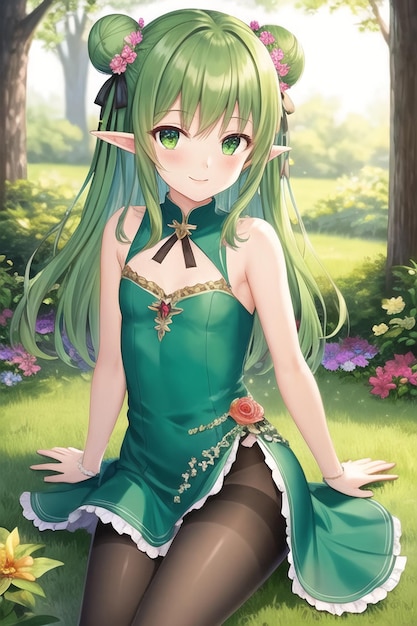 A girl in a green dress sits in a garden