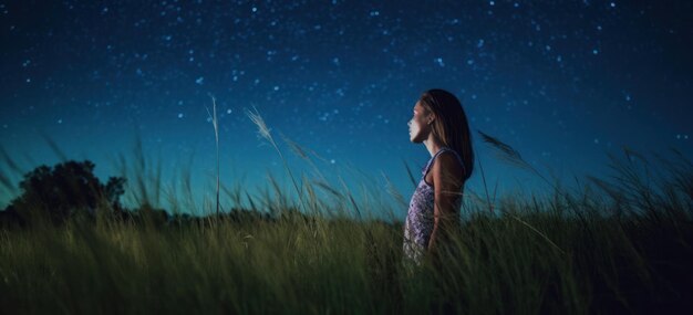 Girl in green grass under the night sky and stars