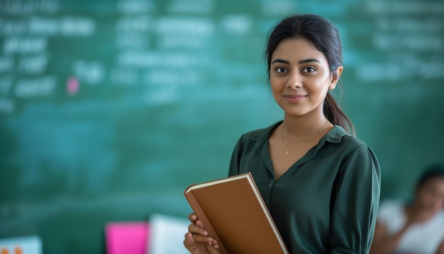 a girl in a green shirt is holding a notebook and smiling