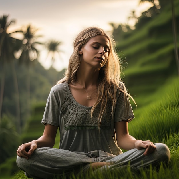 Photo a girl in a green shirt sits in a field with palm trees in the background