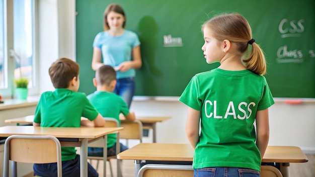 a girl in a green shirt stands in front of a classroom with other students