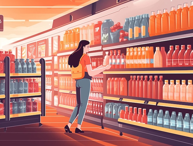 Girl Grocery Shopping on Supermarket AI Generated