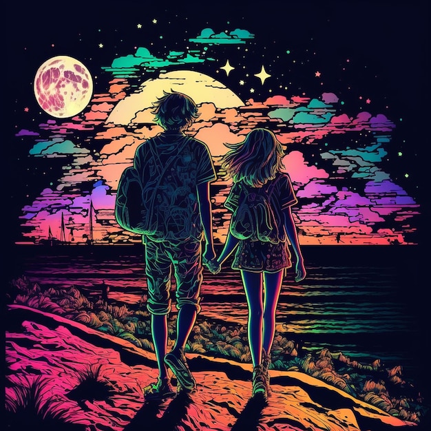 A girl and a guy romantically walking on the beach at night neon colors