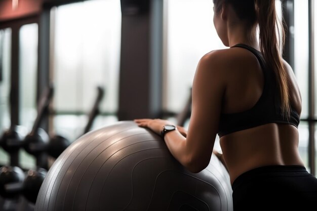 Girl in the gym doing exercises with a fitness ball generative ai