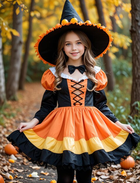 Photo a girl in a halloween costume is wearing a witch hat