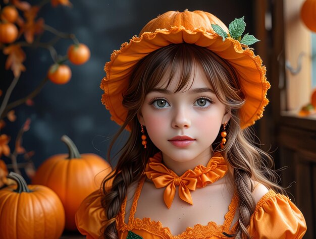 a girl in a halloween costume with a pumpkin on the top