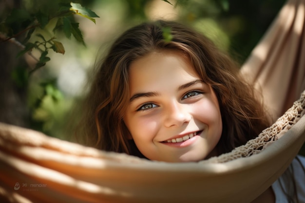 A girl in a hammock smiling at the camera