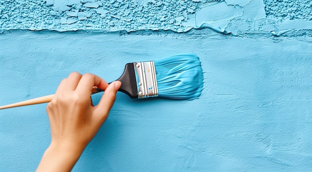 Photo girl hand holding paintbrush on light blue wall background