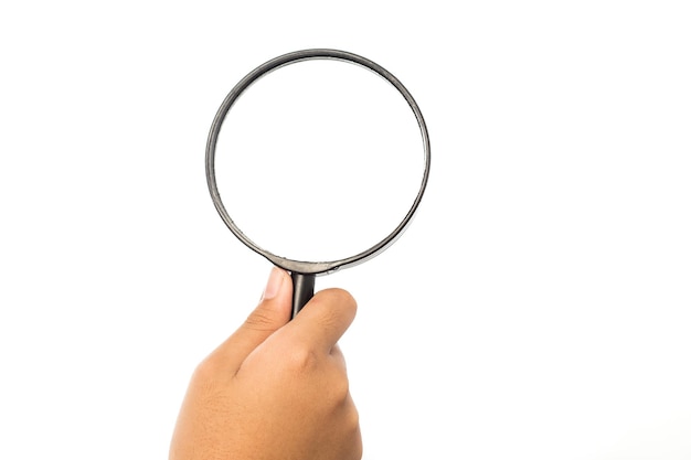 Girl hand with magnifying glass isolated on white background