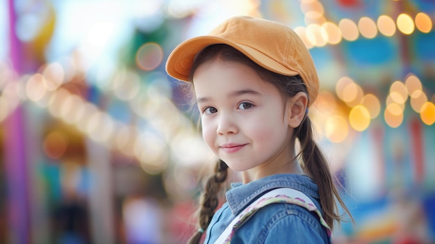 Girl in hat and backpack by carousel