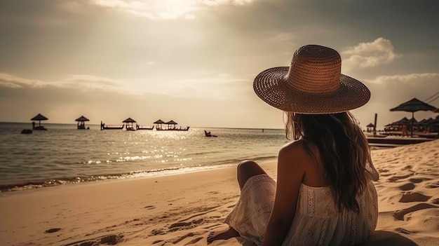 A girl in a hat enjoying the beach and the sea AI generated