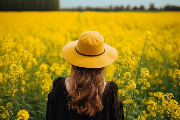 girl in a hat in a field of yellow flowers rear view