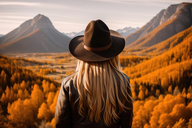 Girl in a hat and leather jacket on the background of mountains rear view Generative AI