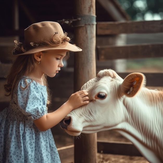 A girl in a hat petting a cow