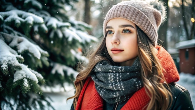 a girl in a hat and scarf is standing in front of a snow covered tree