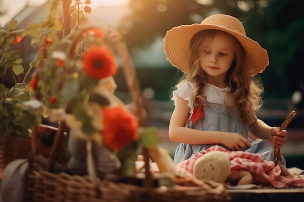 A girl in a hat sits on a basket with flowers in the background.