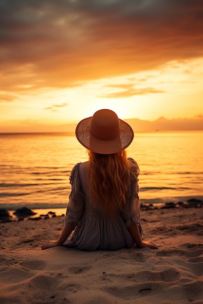 a girl in a hat sits on the beach at sunset