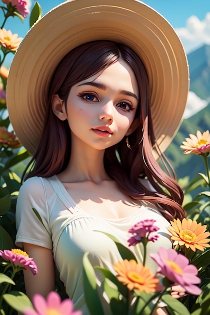 A girl in a hat stands in a field of flowers