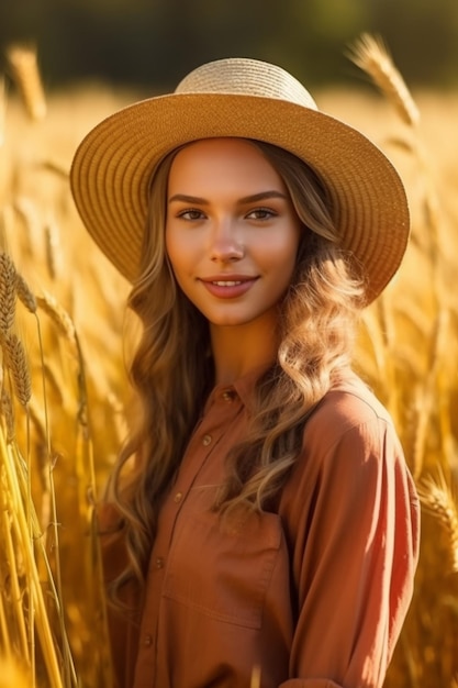 A girl in a hat stands in a wheat field.