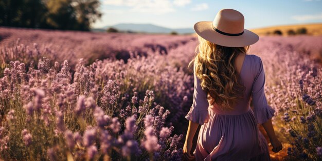 a girl in a hat walks through a lavender field Generative AI