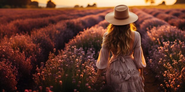 a girl in a hat walks through a lavender field Generative AI