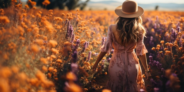 a girl in a hat walks through a lavender field Generative AI