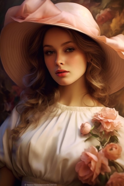 A girl in a hat with a pink flower on it