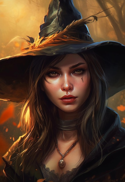 A girl in a hat with the word witch on it