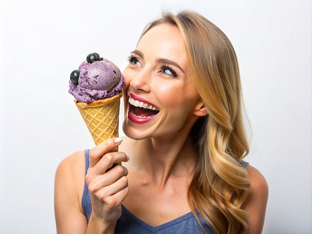 Photo a girl having blueberry pancake passion icecream white background