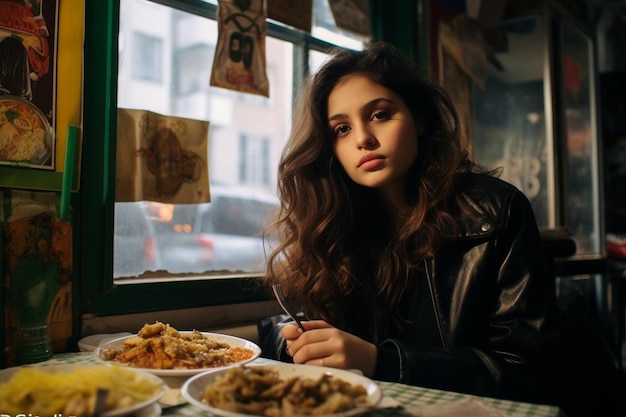 Girl having food at table in restaurant