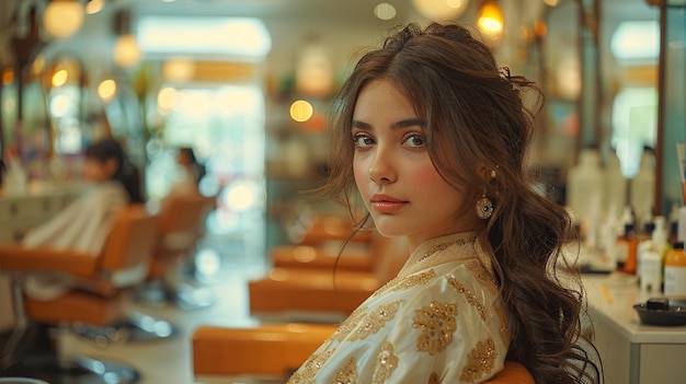 Girl having hairdressing at modern luxury salon