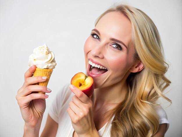 A Girl having Peaches and Cream Perfection icecream white background