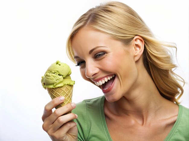 A Girl having Pistachio Chocolate Delight icecream white background