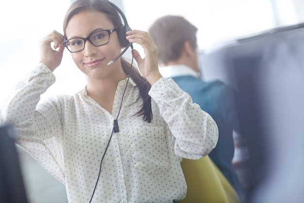 Girl headset and portrait of consultant in call center for online assistance advice and customer support for sales Woman virtual assistant and agent for crm contact us and telemarketing