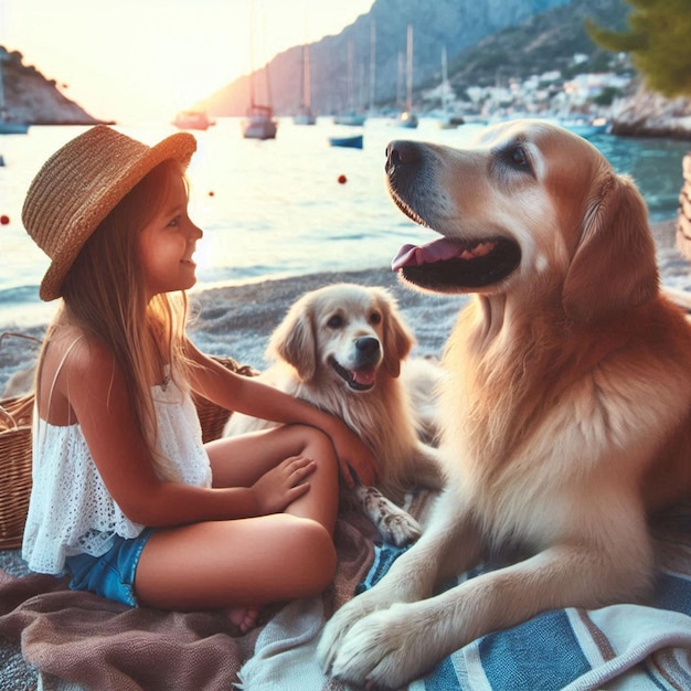 a girl and her dog are on a beach with a girl and her dog