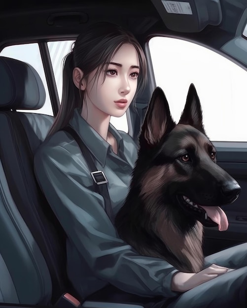 A girl and her dog are sitting in a car.