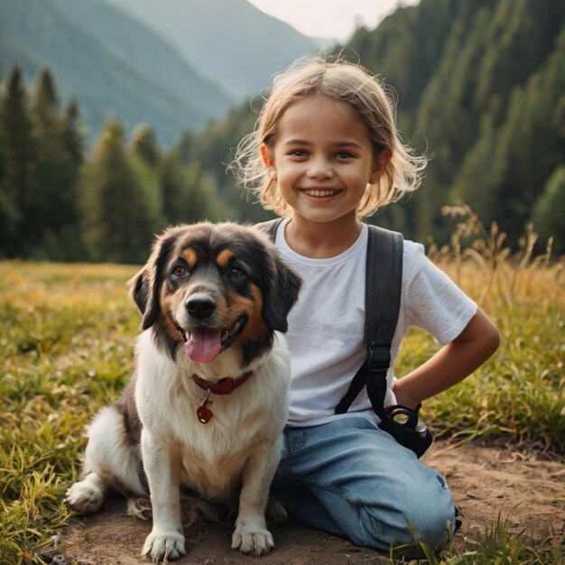 Photo a girl and her dog are sitting on the ground