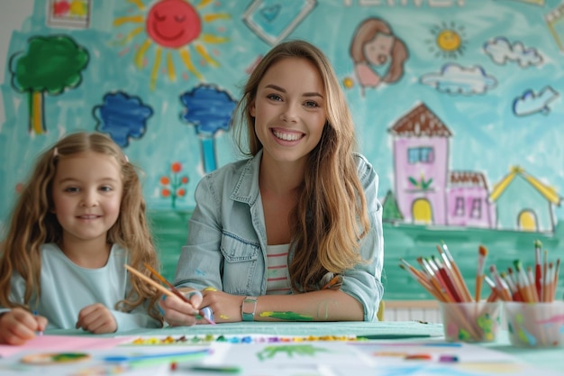 Photo a girl and her mother are sitting in front of a wall with a drawing of a house on it