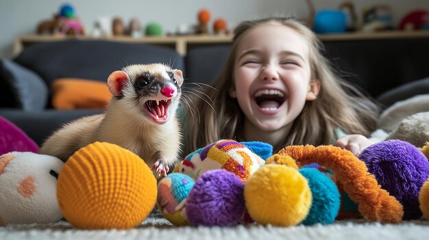 Photo girl her pet ferret having fun living room filled soft toy ferret playing ball while girl laugh play