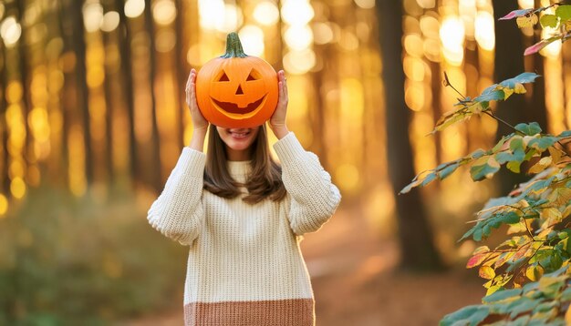 Photo girl hides face with halloween pumpkin in autumn forest