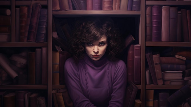 Girl hiding behind bookshelves in the style of light