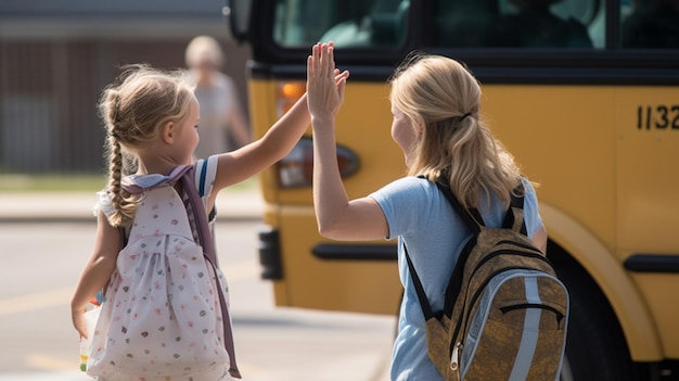 A girl high fives a bus