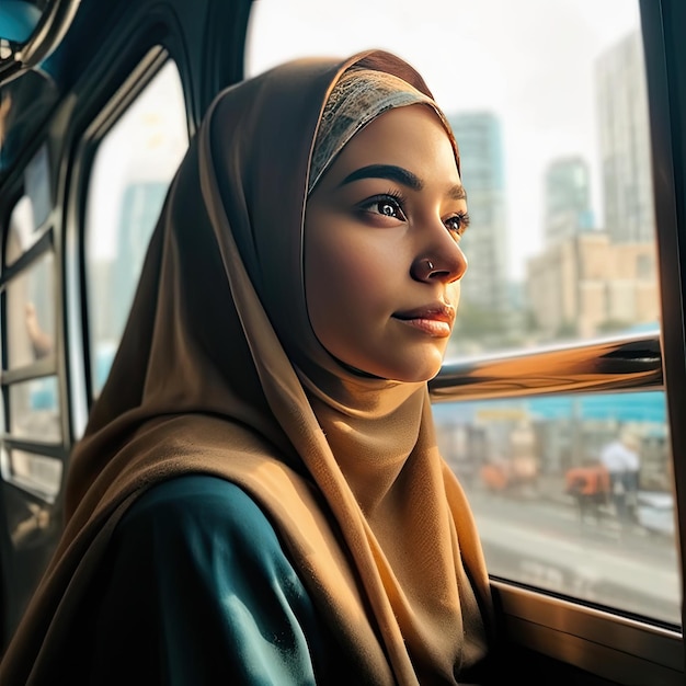 A girl in a hijab looks out of a window.