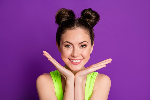 Girl hold hand chin toothy perfect smile veneers concept wear tank-top isolated bright color background