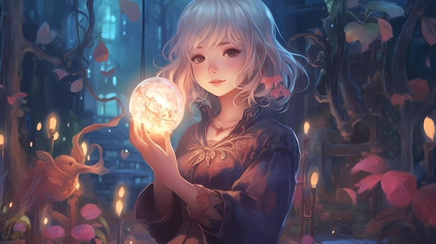 A girl holding a ball in front of a candle