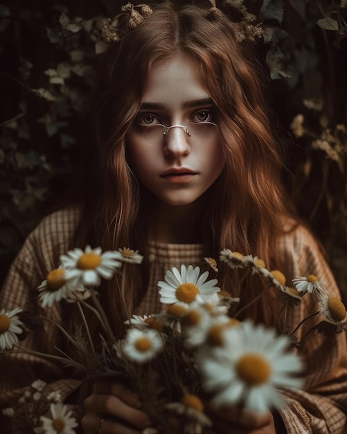 Girl holding a basket of beautiful daisies generative AI